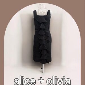 $495 p/o Alice + Olivia silk front ruffle tiered cocktail dress, black , 8